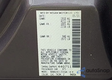 2015 Nissan Altima 2.5 Sl from USA, damaged, VIN 1N4AL3APXFC440751